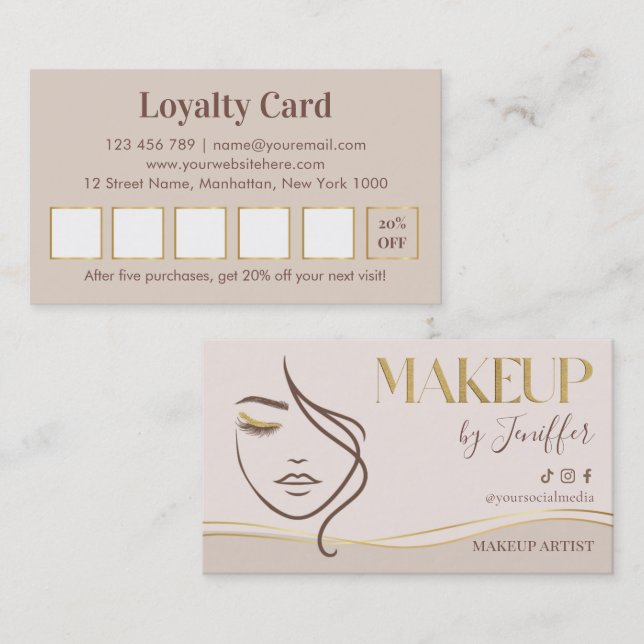 Carte De Fidélité Elegant Beige & Gold Makeup Artist Loyalty (Devant / Derrière)
