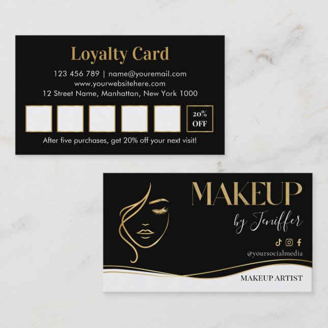 Carte De Fidélité Elegant black and gold makeup artist Loyalty Card (Devant / Derrière)