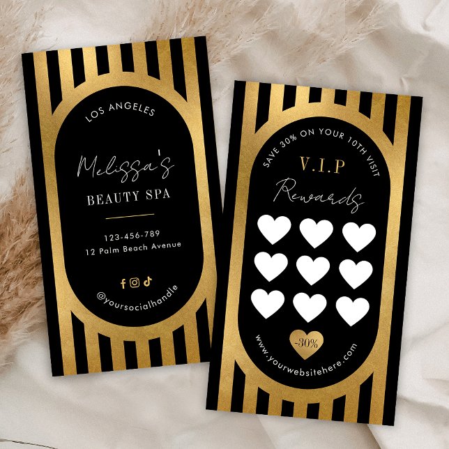 Carte De Fidélité Elegant Black & Gold Stripes Hair Brows Lash Salon (Créateur téléchargé)
