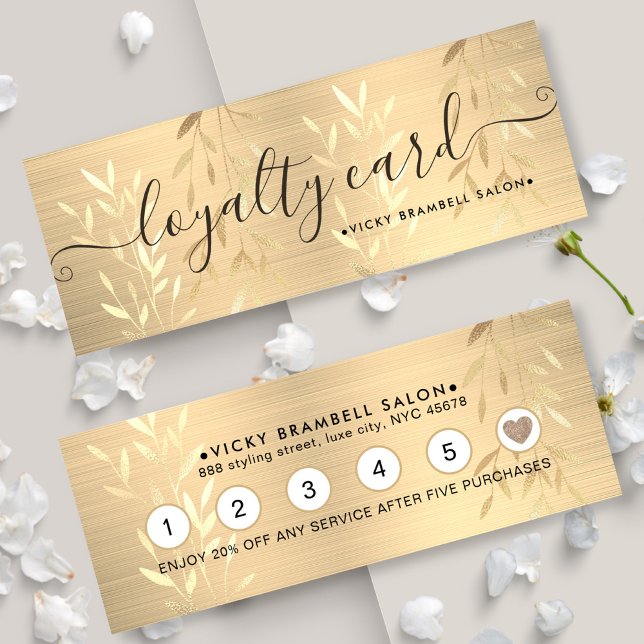 Carte De Fidélité Élégant Feuilles d'or délicé brossé poinçon de mét (Elegant Delicate Gold Leaves Brushed Metal Punch Loyalty Card)