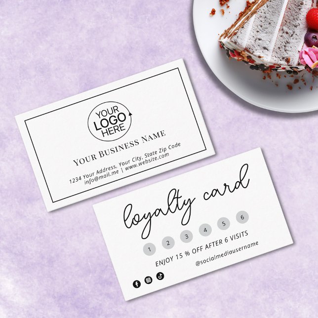 Carte De Fidélité Élégant noir et blanc Ajouter votre logo 6 Pinch (Elegant Black and White Add Your Logo 6 Pinch Loyalty Card )