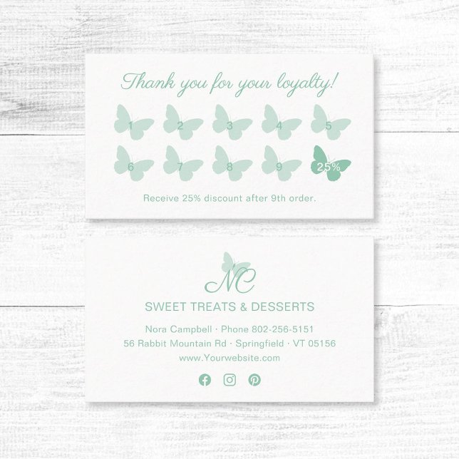 Carte De Fidélité Élégant Papillon Monogramme logo Mint Green (Elegant mint green butterfly thank you for your loyalty business card with social media icons.)