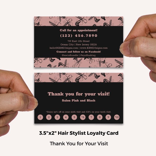 Carte De Fidélité Élégant Salon Rose & Noir Call Médias sociaux (Elegant Salon Pink & Black Call Social Media Loyalty Card; Standard Size 3.5x2 Inch US)