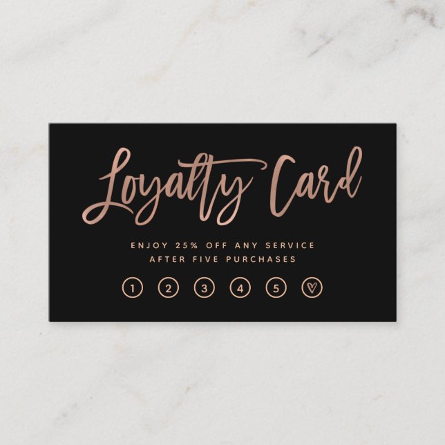 Carte De Fidélité Faux Rose Gold Script moderne sur noir (Devant)