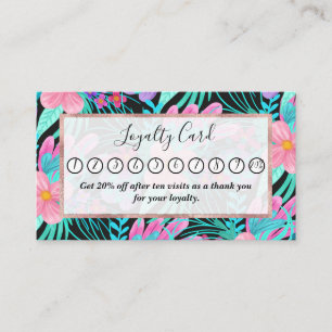 Carte De Fidélité Fille rose violet Turquoise Aquarelle Fleurs Feuil