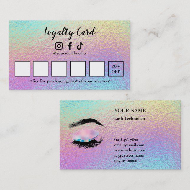 Carte De Fidélité Holographic Lash Technician Loyalty Card (Devant / Derrière)