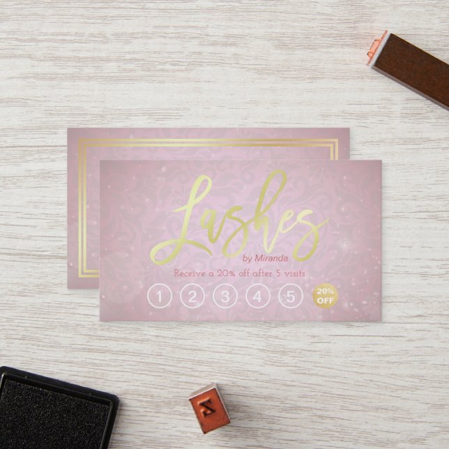 Carte De Fidélité Lashes maquillage Artiste Gold Script Loyalty Punc (Devant/Arrière en situation)