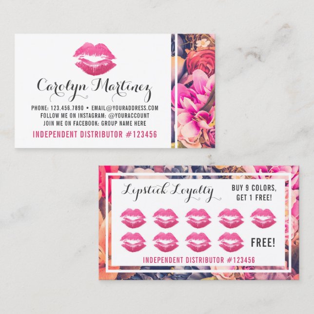 Carte De Fidélité Lipstick Distributeur Floral Kiss Lip Loyalty Punc (Devant / Derrière)