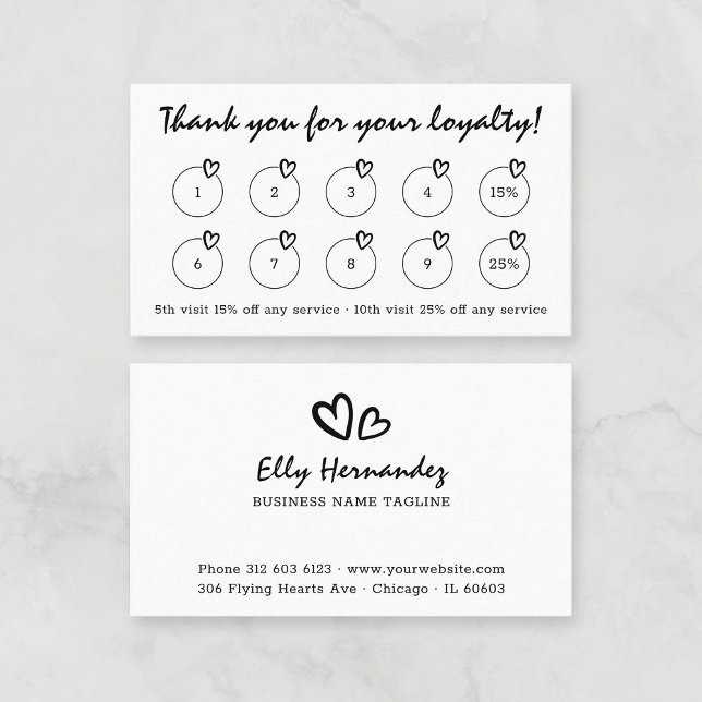 Carte De Fidélité Logo Coeur de machine à écrire de script moderne n (Modern Script and Typewriter Font Mix with Hearts and Logo Black Business Loyalty Card Template.)