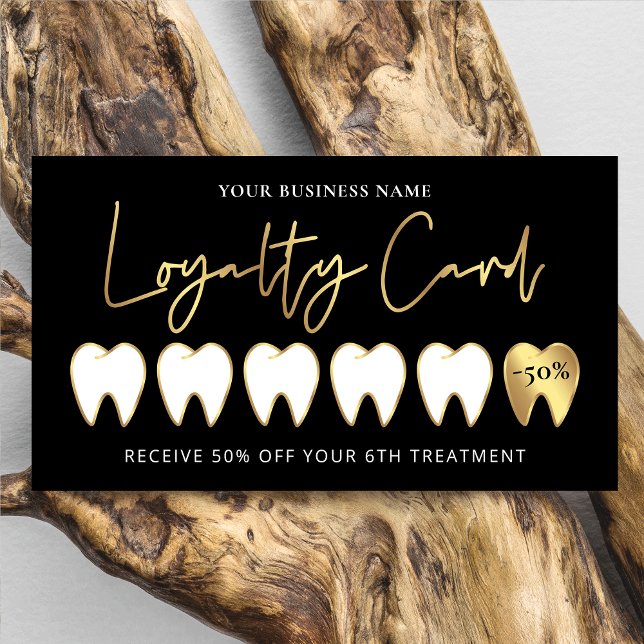 Carte De Fidélité Logo Dentiste Noir & Or Lux Moderne Orthodontiste (Luxurious black and gold dental customer loyalty cards with gold foil effect)
