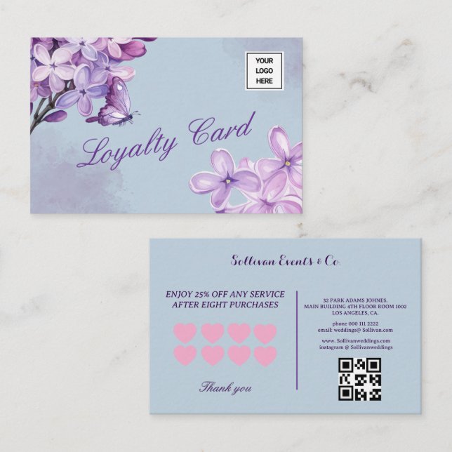 Carte De Fidélité Logo élégant à code QR floral aquarelle violet (Devant / Derrière)