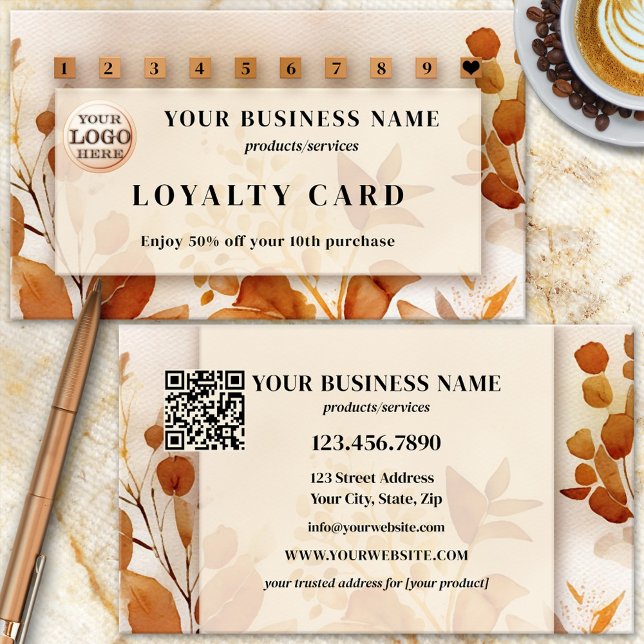 Carte De Fidélité Logo QR Code Terra Cotta Aquarelle Florale (Créateur téléchargé)