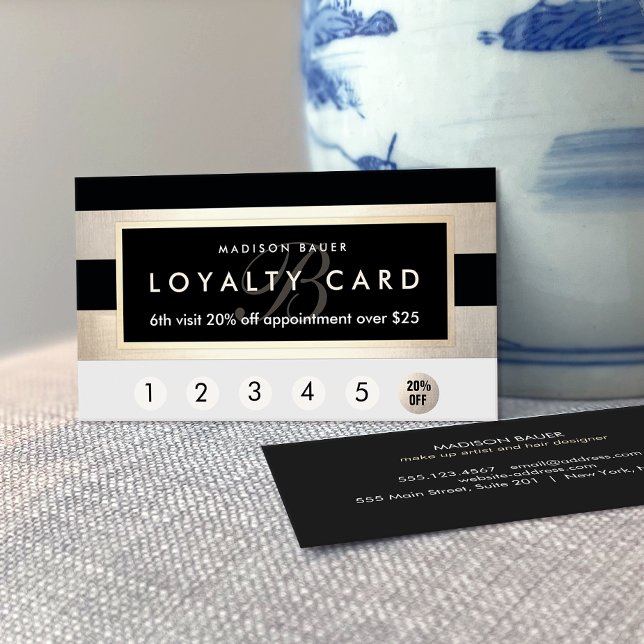 Carte De Fidélité Loyauté Monogramme 6 Punch Or et bande noire (Créateur téléchargé)