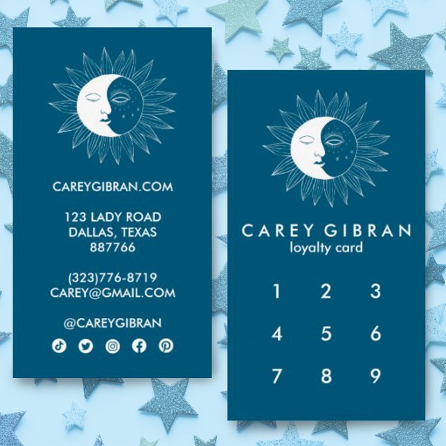 Carte De Fidélité Lune & Sun Chic Elegant Line Dessin PERSONNALISÉ (Cute sun and moon design decorates this custom loyalty card. Check my shop for more colors)