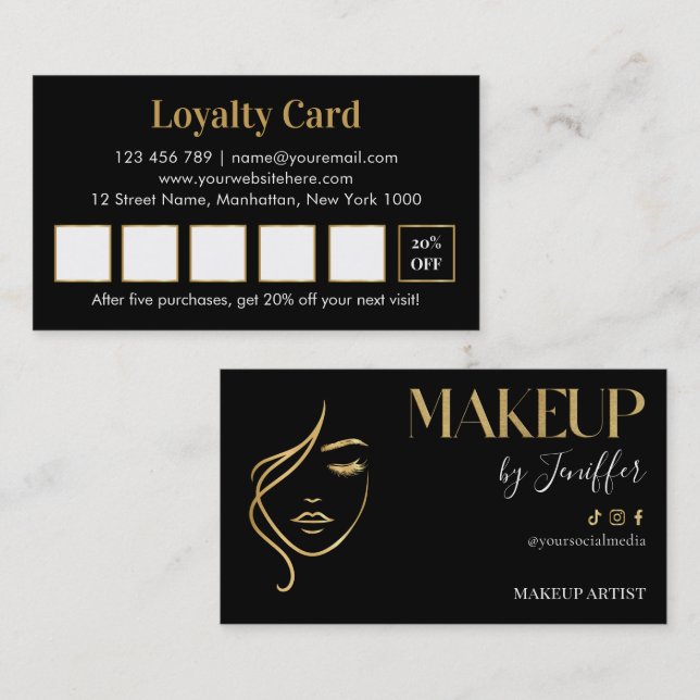 Carte De Fidélité Luxury black and gold makeup artist Loyalty Card (Devant / Derrière)