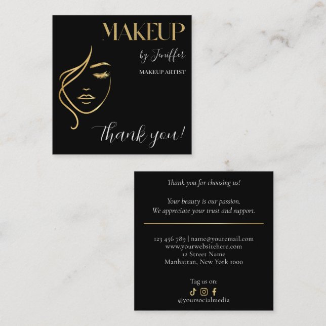 Carte De Fidélité Luxury Black & Gold Makeup Thank you Card (Devant / Derrière)