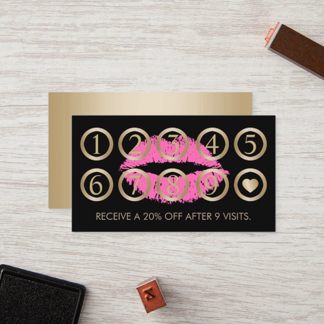 Carte De Fidélité Maquillage Artiste Lèvres roses Black & Gold Salon (Devant/Arrière en situation)