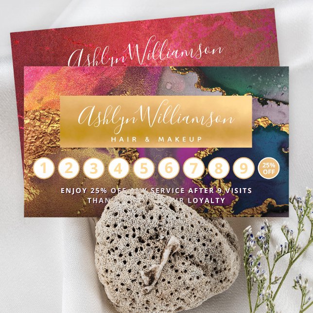 Carte De Fidélité Maquillage cheveux marbre aquarelle or vert chaud  (Créateur téléchargé)