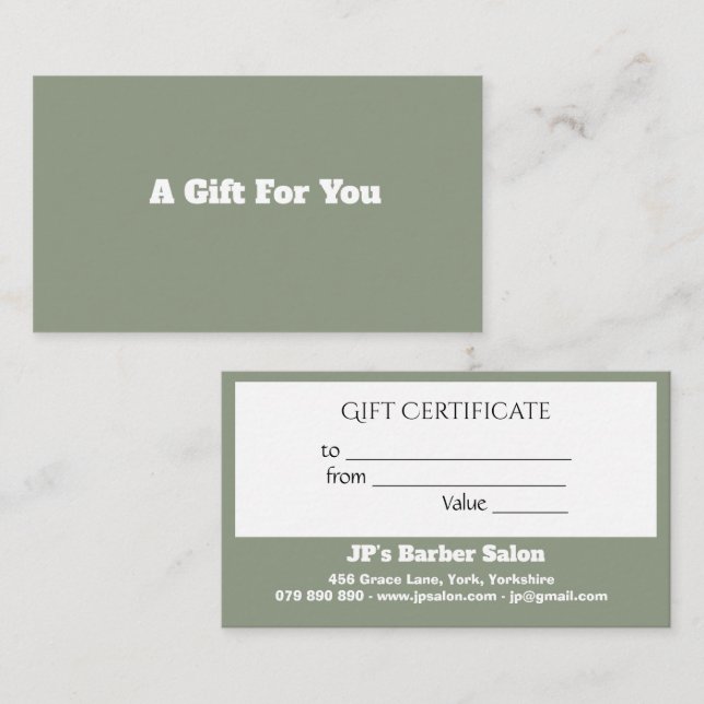 Carte De Fidélité Modern Business Sage Green Custom Gift Certificate (Devant / Derrière)