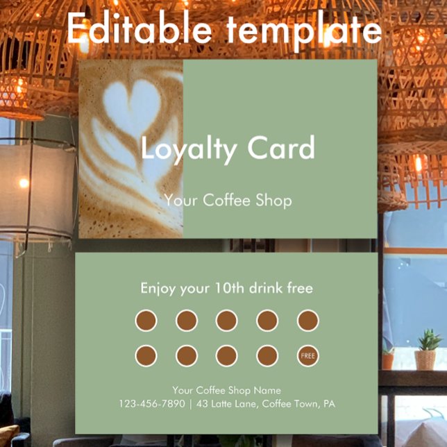 Carte De Fidélité Modern Sage Custom Photo Coffee House Customer (Modern sage green custom loyalty card. Personalize the editable text.
)