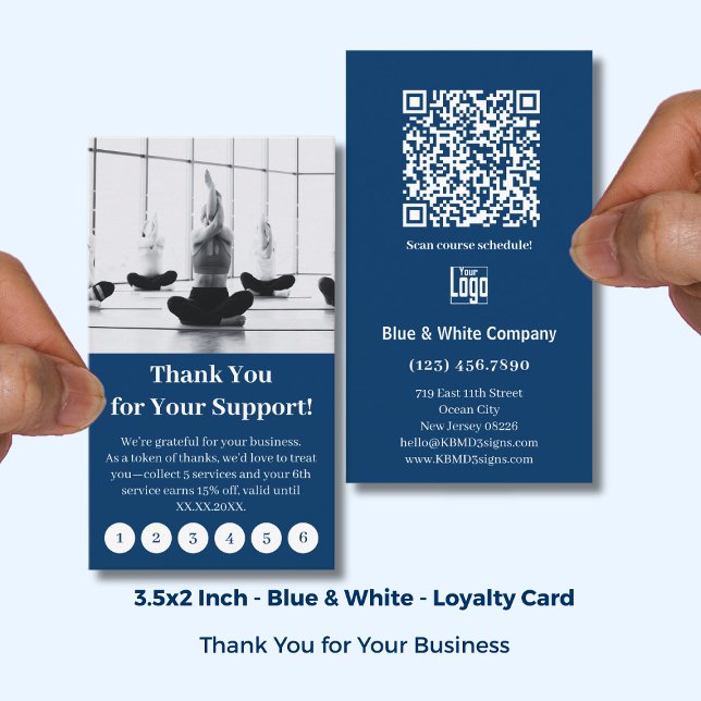 Carte De Fidélité Moderne Bleu et Blanc avec Logo Merci Punch (Modern Blue & White with Logo Thank You Punch Loyalty Card; Standard US Size 3.5x2 Inch)