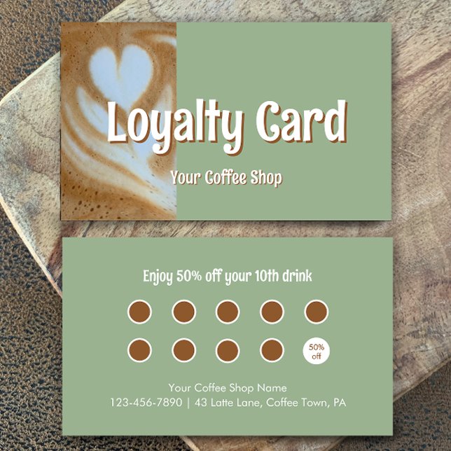 Carte de fidélité moderne personnalisée pour café  (Add your own words to this coffee shop loyalty card template. Eucalyptus green and modern script.
)