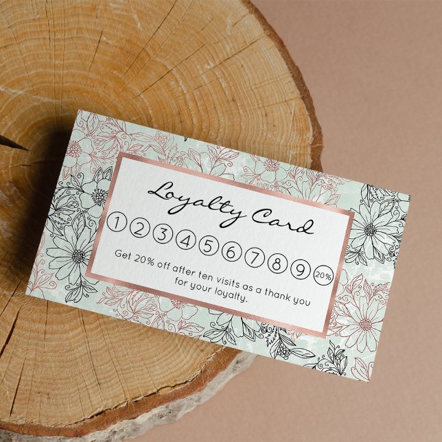 Carte De Fidélité Monnaie moderne Rose noir or marbre floral (Modern Mint Black Rose Gold Floral Marble Loyalty)