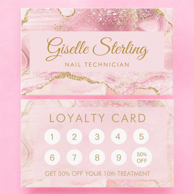 Carte De Fidélité Nail Technician Blush Pink Gold Agate Marble (Créateur téléchargé)