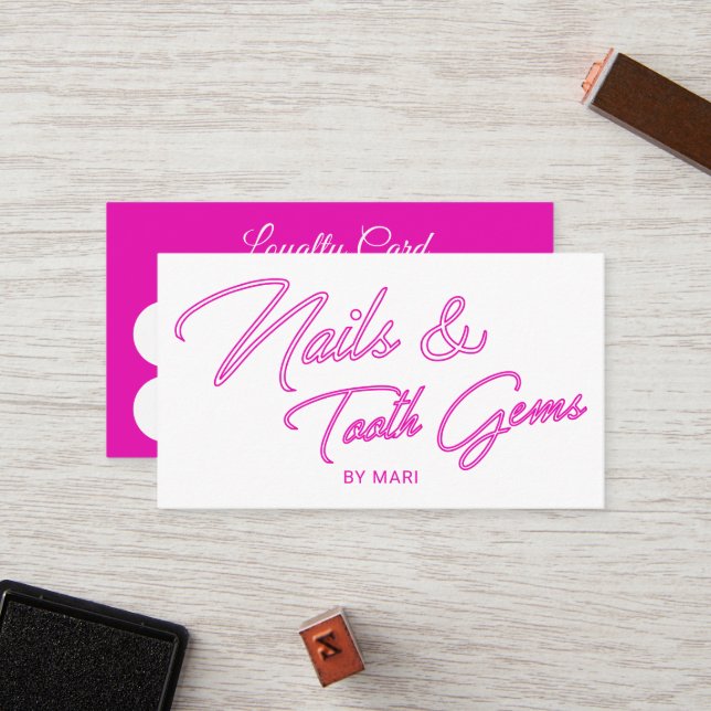 Carte De Fidélité Nails & Tooth Gems Neon Pink Salon Loyalty Punch (Devant/Arrière en situation)