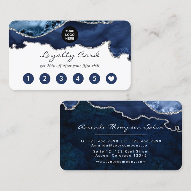 Carte De Fidélité Navy et Agate Argent Pierre Précieuse Entreprise (Devant / Derrière)