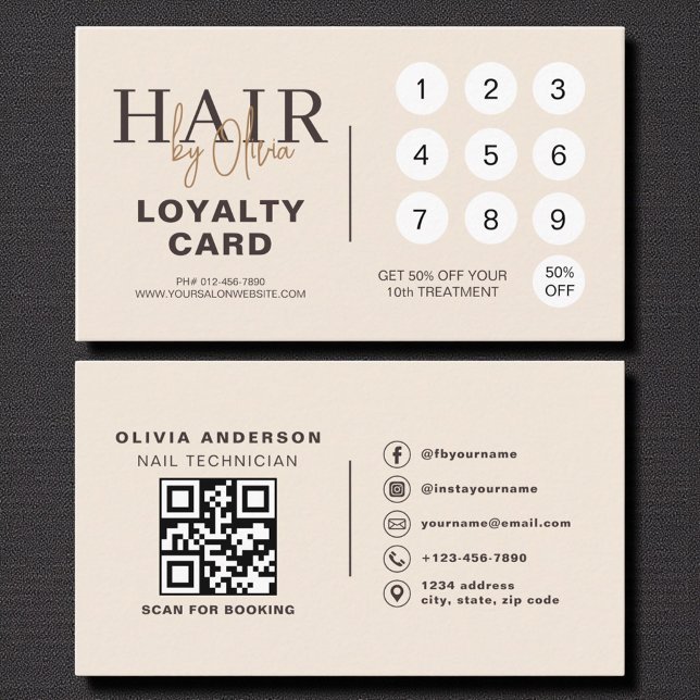 Carte De Fidélité Neutral Beige QR Code Hair Salon Loyalty Card (Créateur téléchargé)