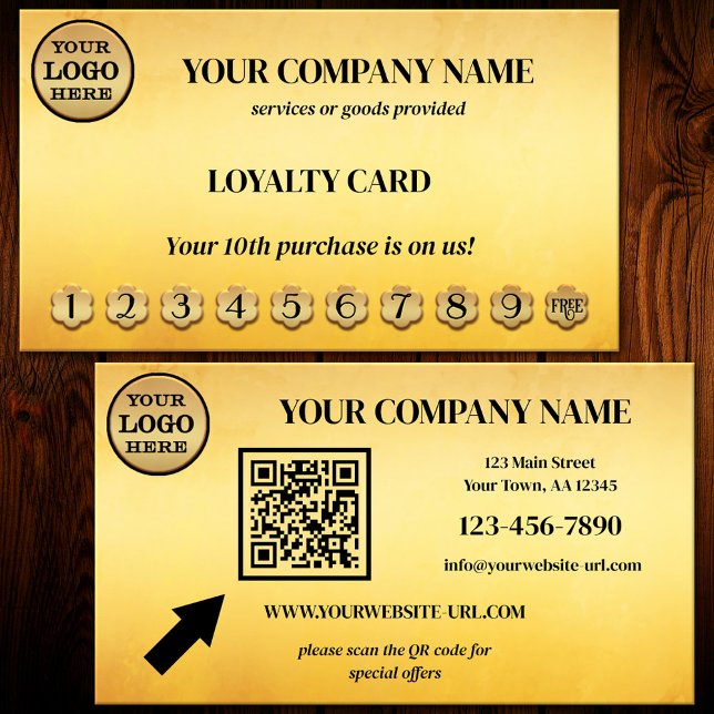 Carte de fidélité Ocre Noir Or Punch (Eye-catching artistic loyalty punch card in ocher and black with logo and QR code - business card)