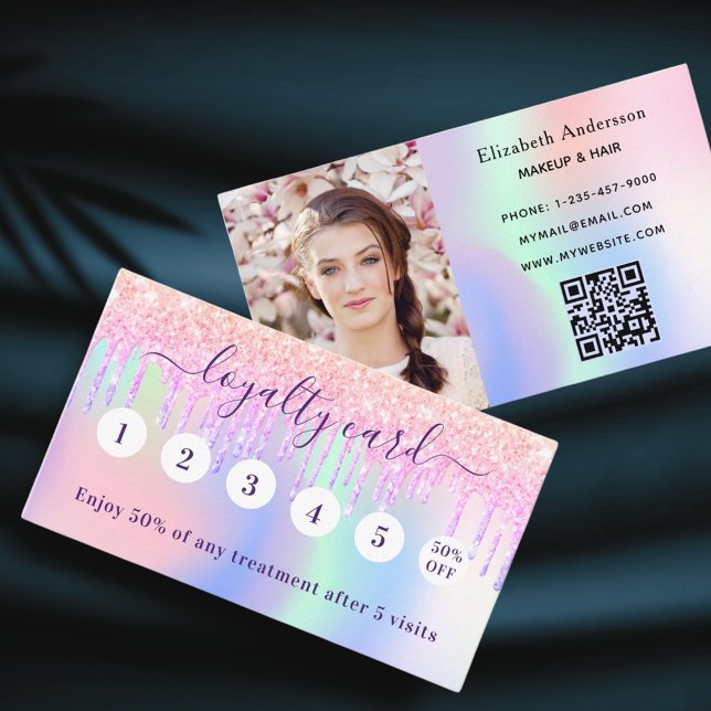 Carte De Fidélité Parties scintillant holographique rose vif qr code (Créateur téléchargé)