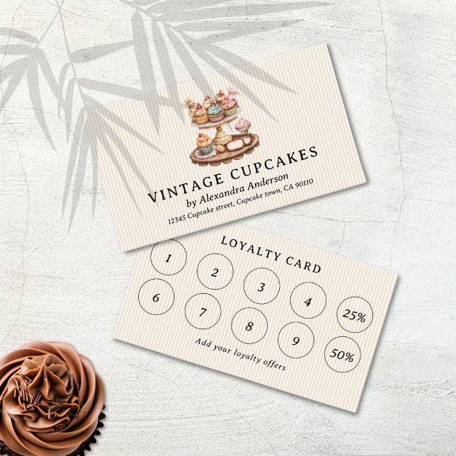 Carte De Fidélité Pâtisserie vintage Cupcakes (Vintage Cupcakes Pastry Shop Loyalty Card)