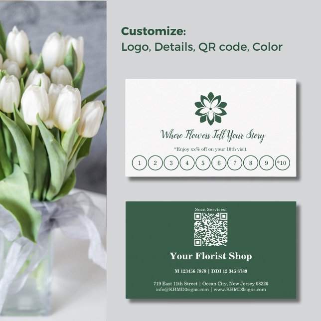 Carte de fidélité personnalisée aux fleuristes bla (Modern Customizable Green & White Florist Loyalty Card, Bonus every 10 Visits)