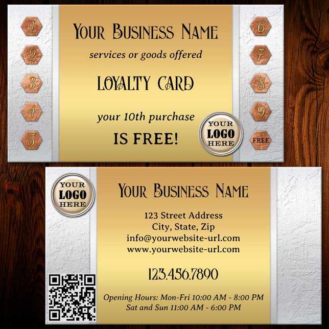 Carte de fidélité professionnelle élégante argent  (A modern chic loyalty business card featuring a gold image on silver with rose gold punch numbers)