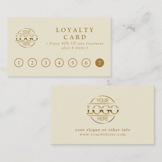 Carte De Fidélité Récompenses Client Élégantes Simples Beige et Or (Devant / Derrière)