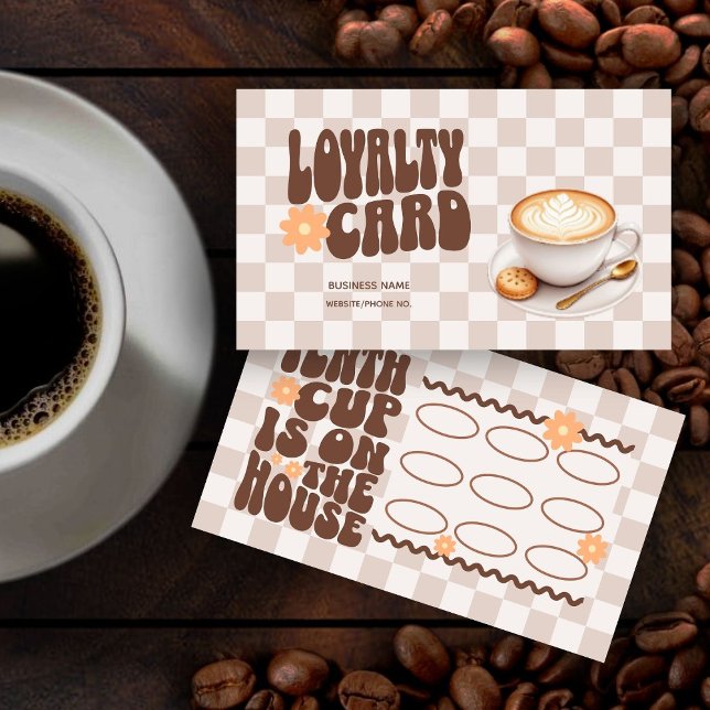 Carte de fidélité Retro Super café Brown (Retro Groovy Font Coffee Shop Loyalty Card by Busy Business Bee)
