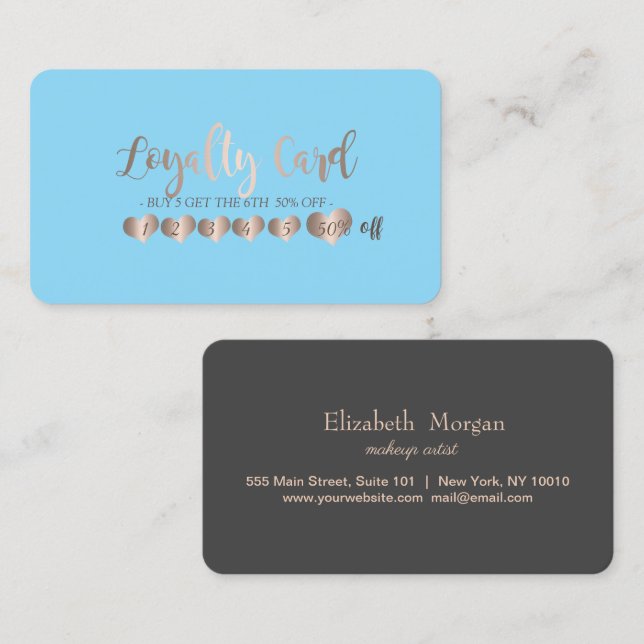 Carte De Fidélité Rose Gold Cœurs Moderne Élégant Bleu Clair (Devant / Derrière)