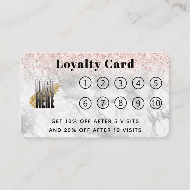 Carte De Fidélité Rose Gold Parties scintillant Marbre Logo 10 Visit (Devant)