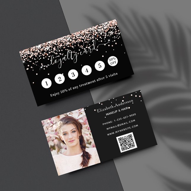 Carte De Fidélité Rose noir parties scintillant or code qr photo (Créateur téléchargé)