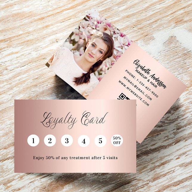 Carte De Fidélité Rose or rose qr code photo élégant (Créateur téléchargé)