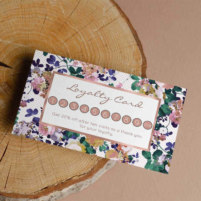 Carte De Fidélité Rose sarcelle violet or rose polka points floral f (Pink teal purple gold polka dots floral loyalty )