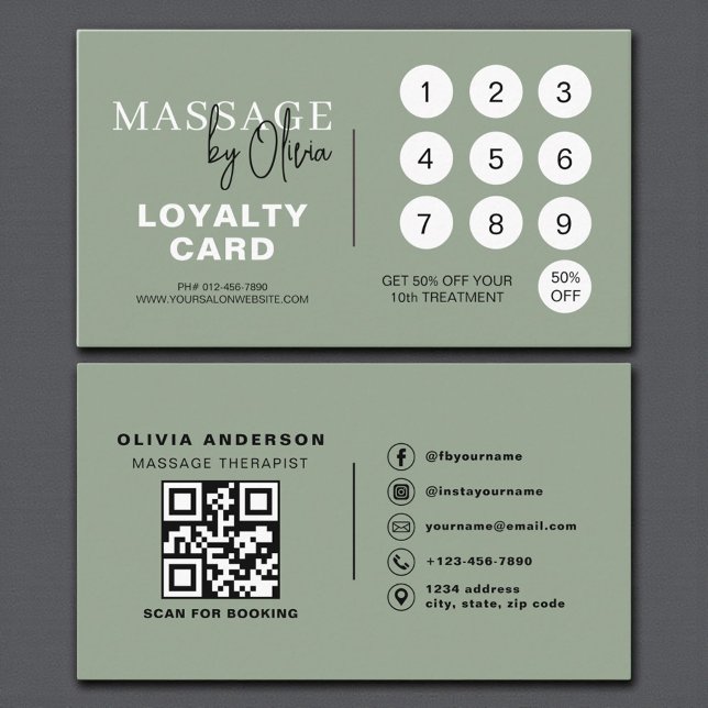 Carte De Fidélité Sage Green Massage Therapist QR Code Loyalty Card (Créateur téléchargé)
