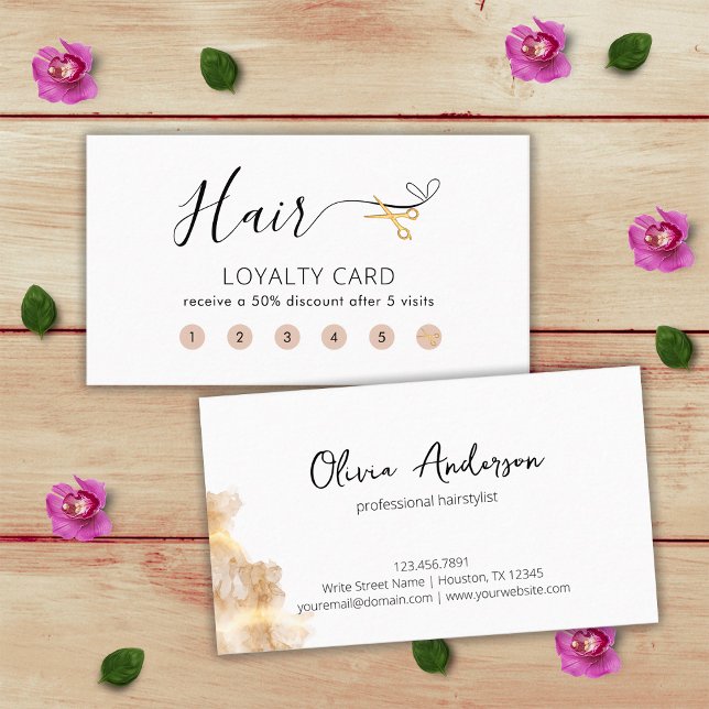 Carte De Fidélité Salon de beauté Coiffeur Coiffeuse Ciseaux d'or (Front and Back)