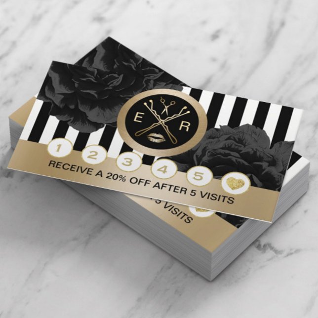 Carte De Fidélité Salon de Beauté Noir Floral Moderne Stripes Fidéli (Créateur téléchargé)