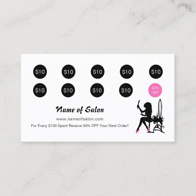 Carte De Fidélité Salon de beauté rose et noire fille Loyauté (Devant)