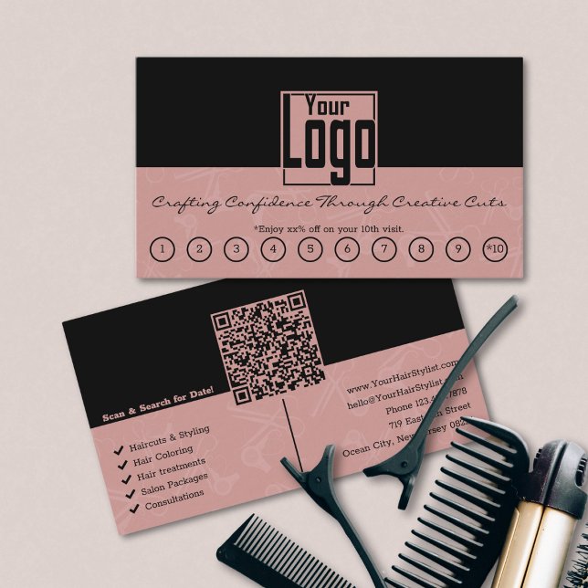 Carte De Fidélité Salon des cheveux roses Noir & Toscane Logo Code Q (Black & Tuscany Pink Hair Salon Logo QR Code Loyalty Card)