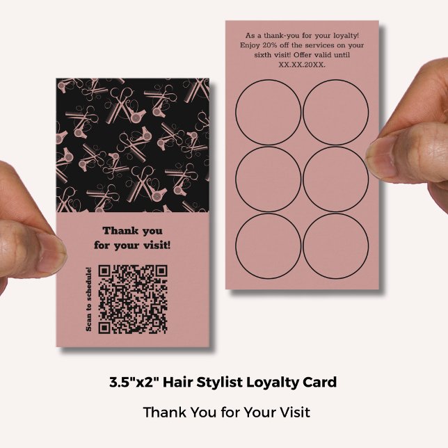 Carte De Fidélité Salon rose et noir Outils à cheveux Motif Merci QR (Salon Pink & Black Hair Tools Pattern QR Thank You Loyalty Card; Standard Size: 3.5x2 Inch)