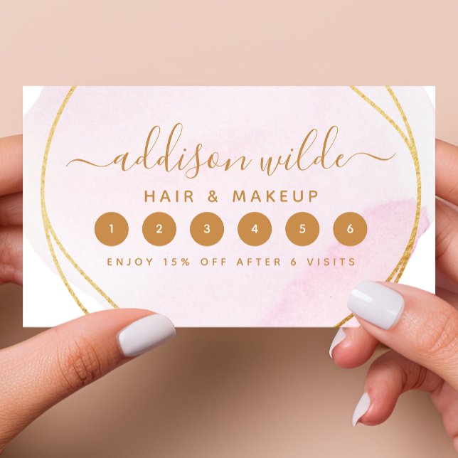 Carte De Fidélité Script Rose Pâle Aquarelle Or Cercle Entreprise (Créateur téléchargé)